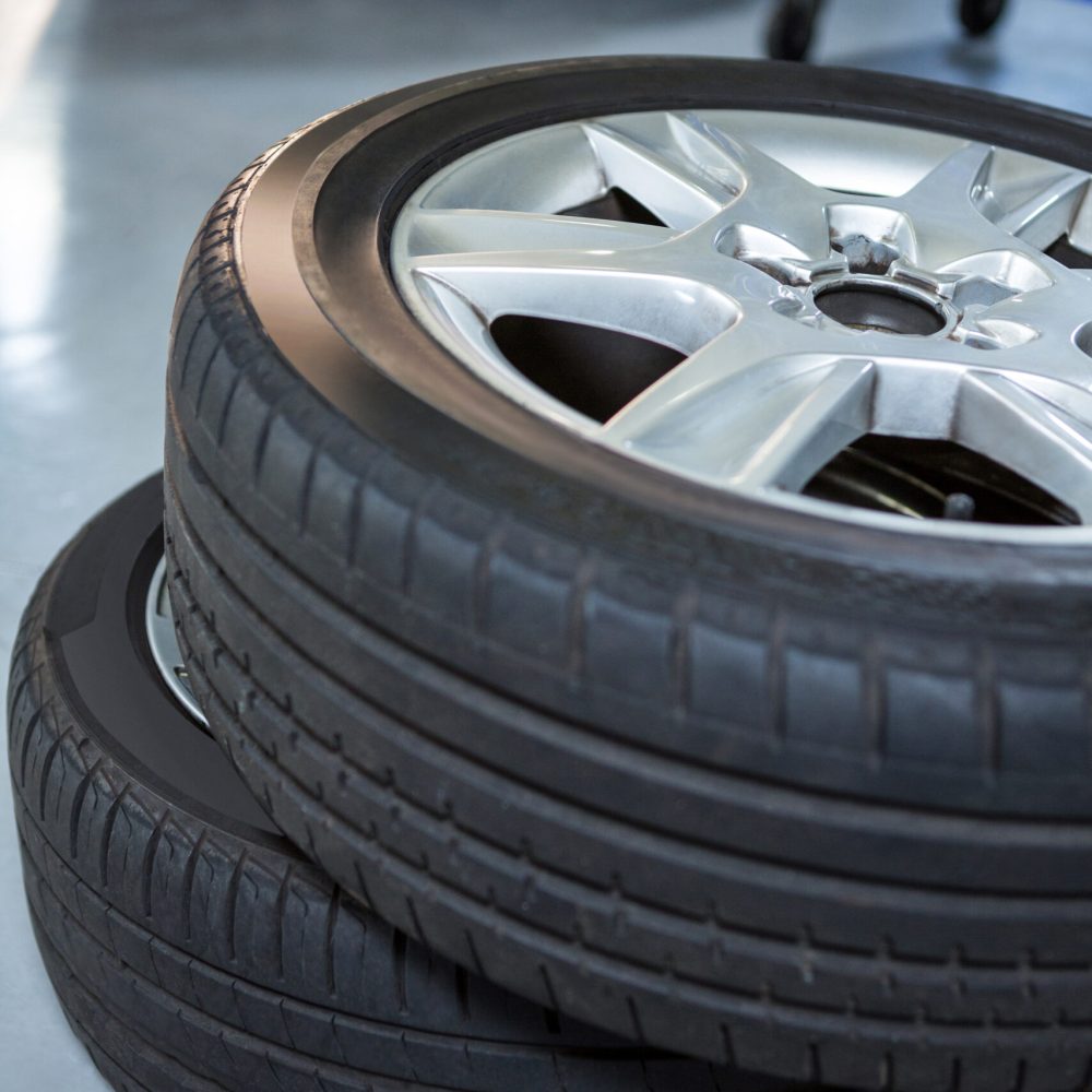 Close-up of tyres at repair garage